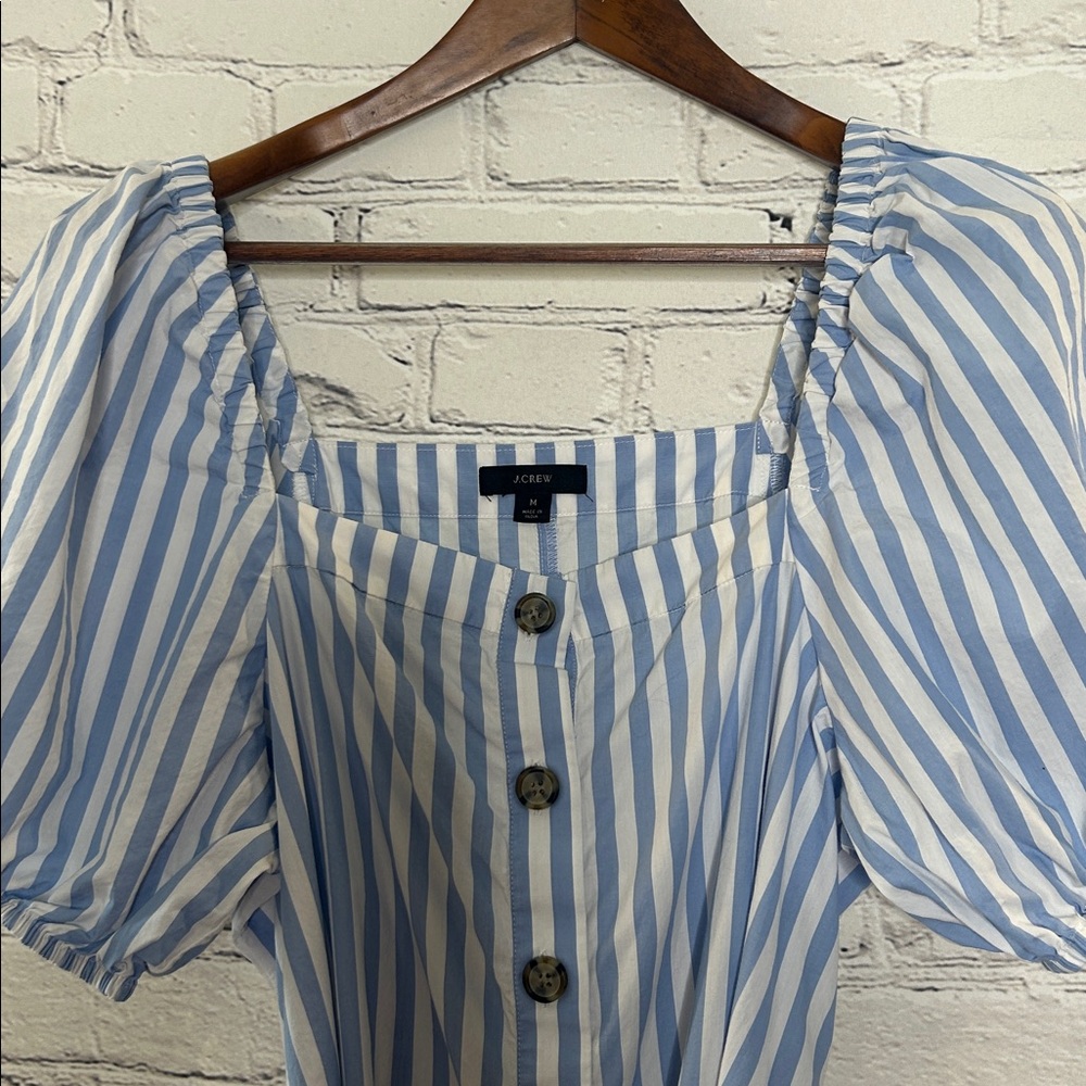 J.Crew Blue & White Striped Button-Front Midi Dress with Puff Sleeves Medium - Picture 4 of 11